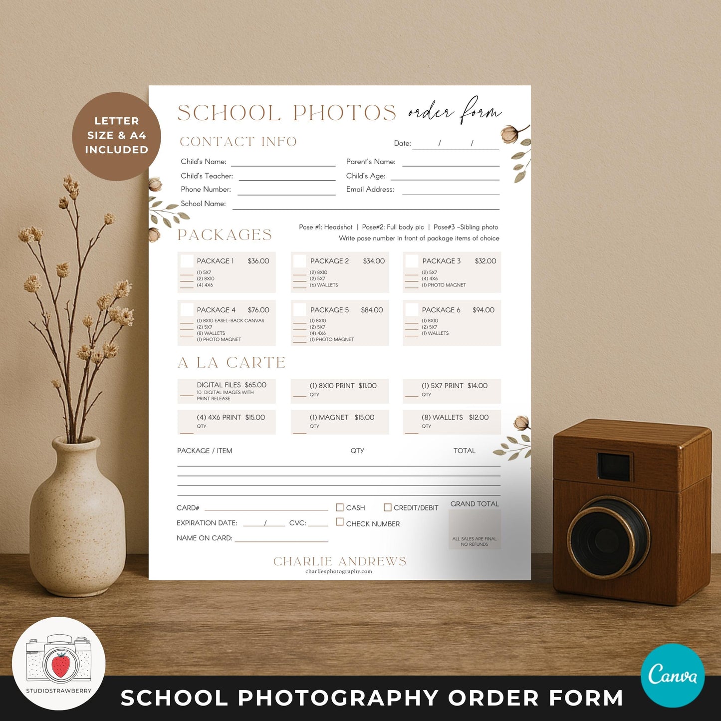 School photography order form template Canva editable layout for photographers