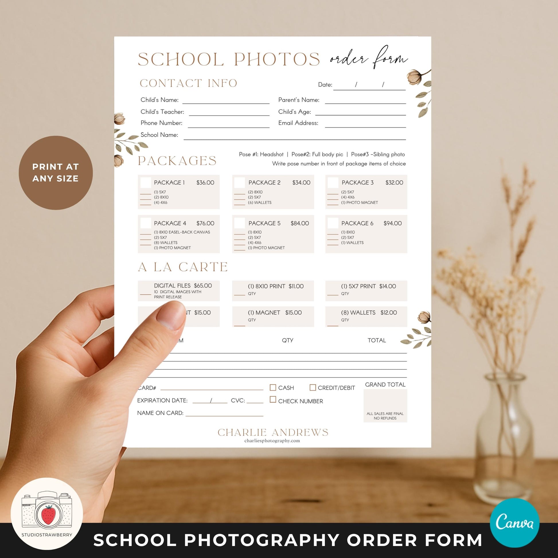 School photo pricing form template with packages and add-ons