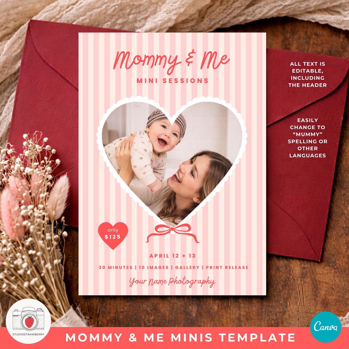 Motherhood mini sessions flyer template in soft pink striped background