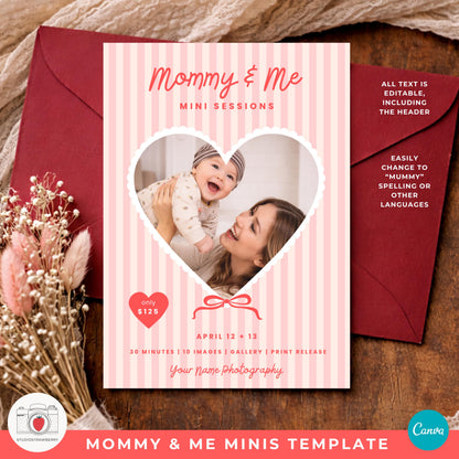 Motherhood mini sessions flyer template in soft pink striped background