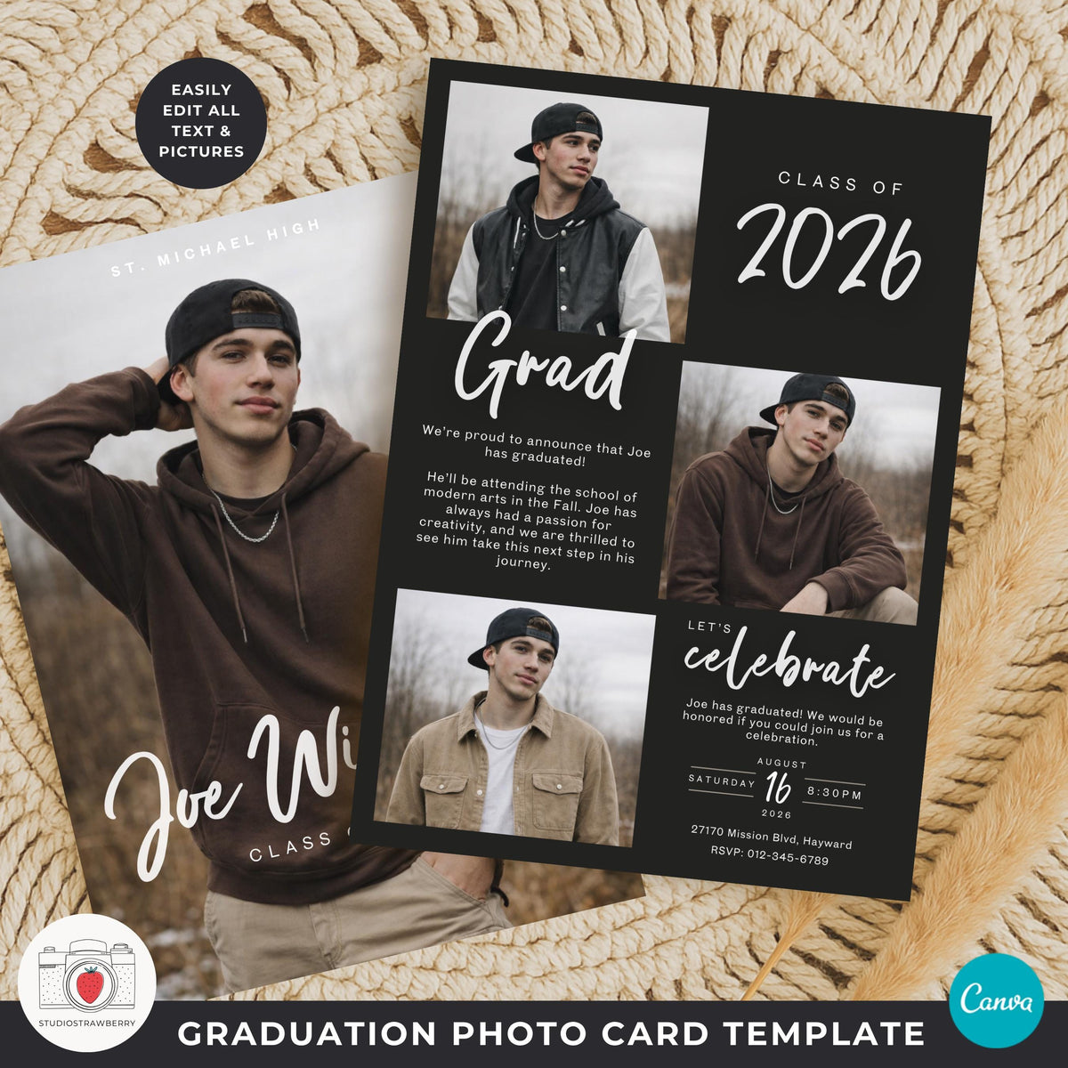 graduation invitation card layout male with event details and clean typography