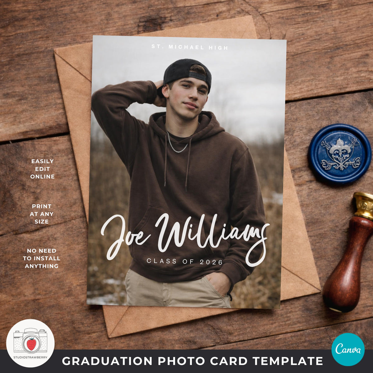 male graduation photo card template with modern brush script name design for senior boy