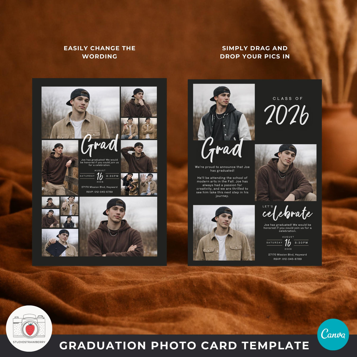 black background graduation card male with elegant typography style