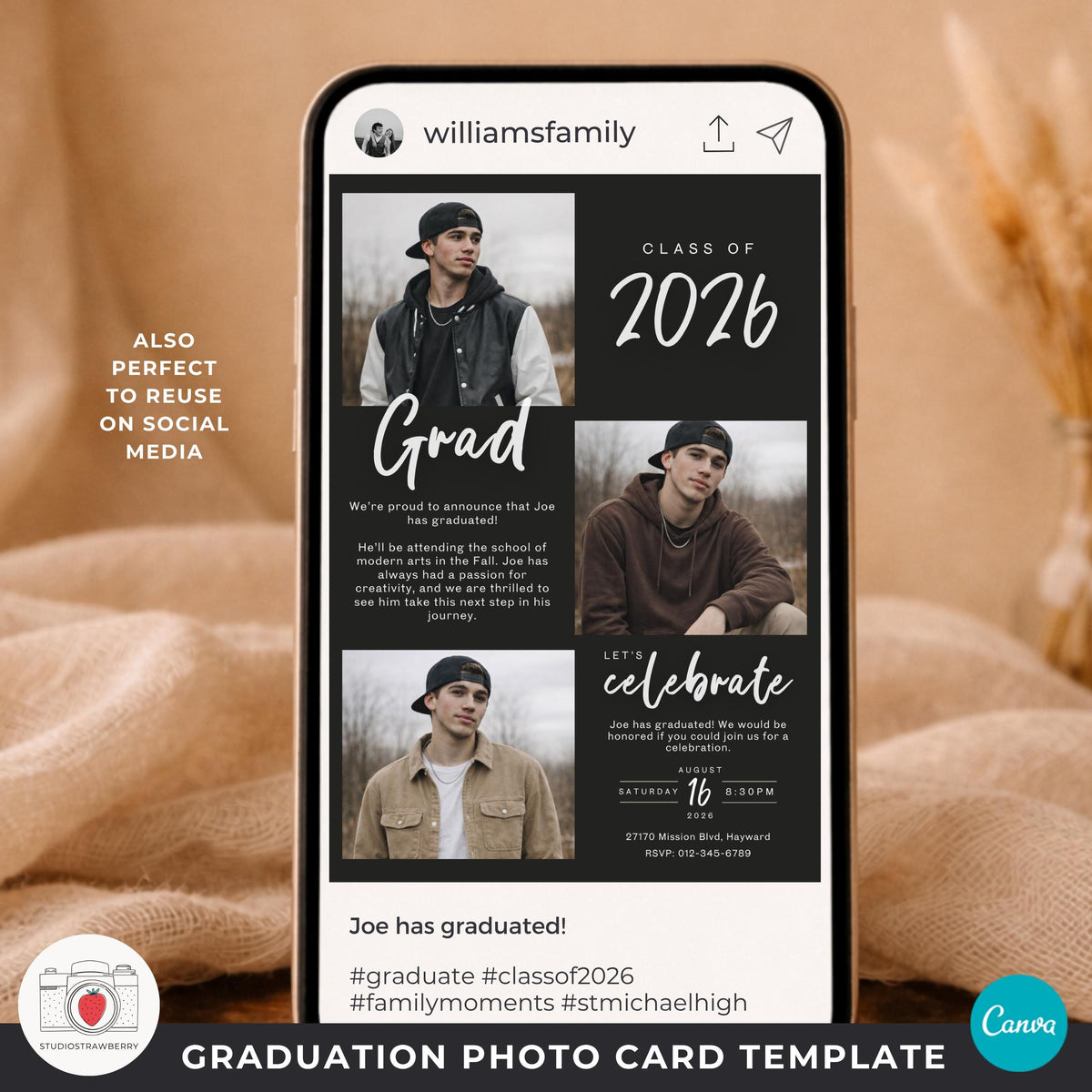 modern graduation card for him with minimalist black background design