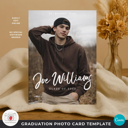 class of 2026 photo card boy with large portrait and name overlay