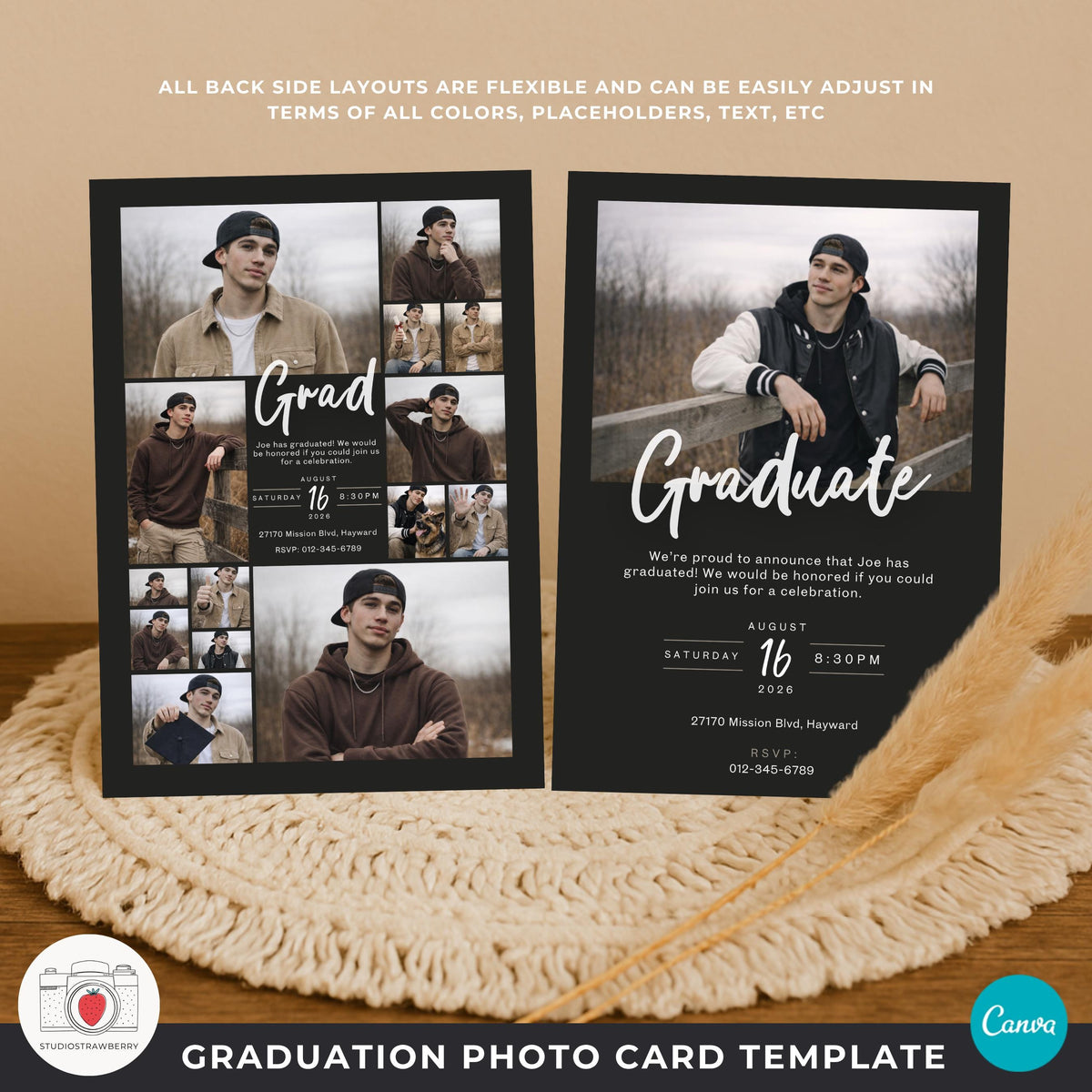 graduation party invite card male with photo and event information section