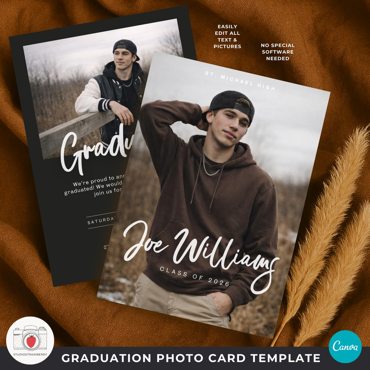 minimalist graduation announcement male template with simple clean layout
