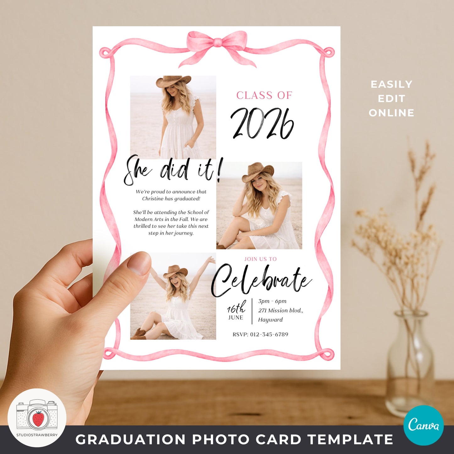 pink aesthetic graduation announcement card with soft neutral background