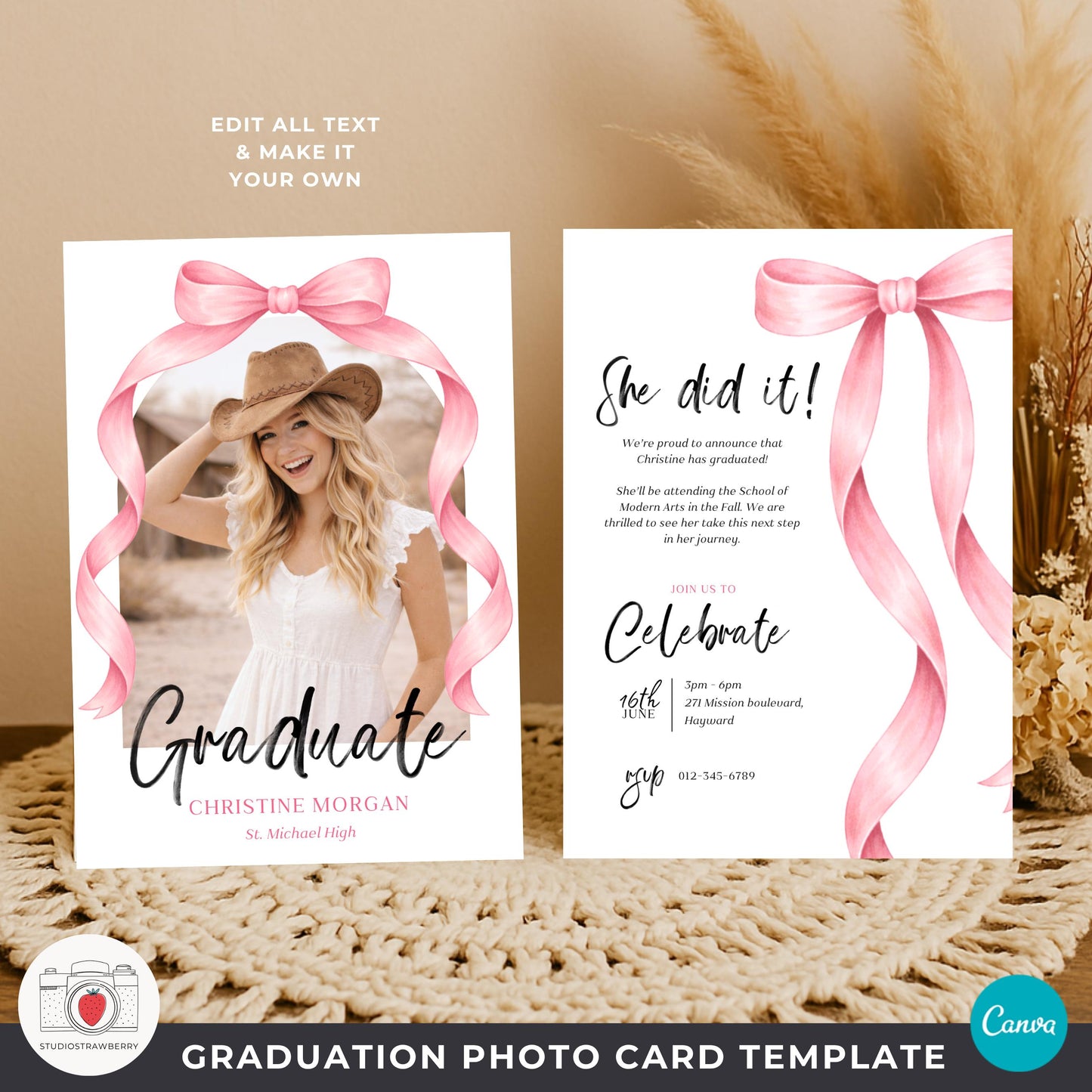 canva graduation card template girl with bow frame and modern script text