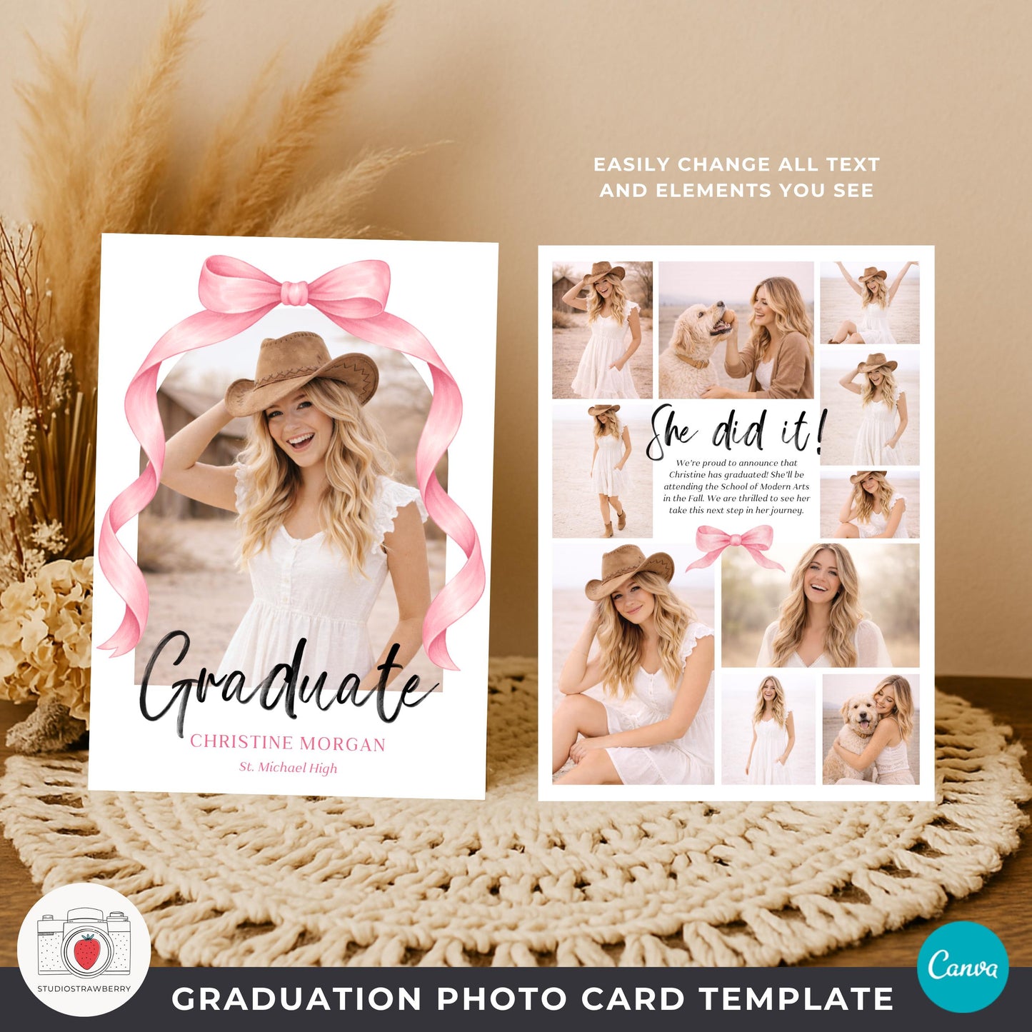modern script graduation announcement template with soft pink tones
