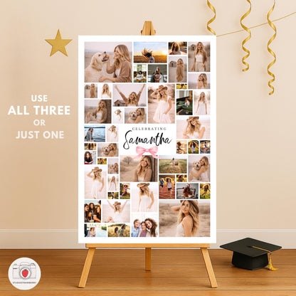 Editable graduation welcome sign girl template with pink bow design in Canva