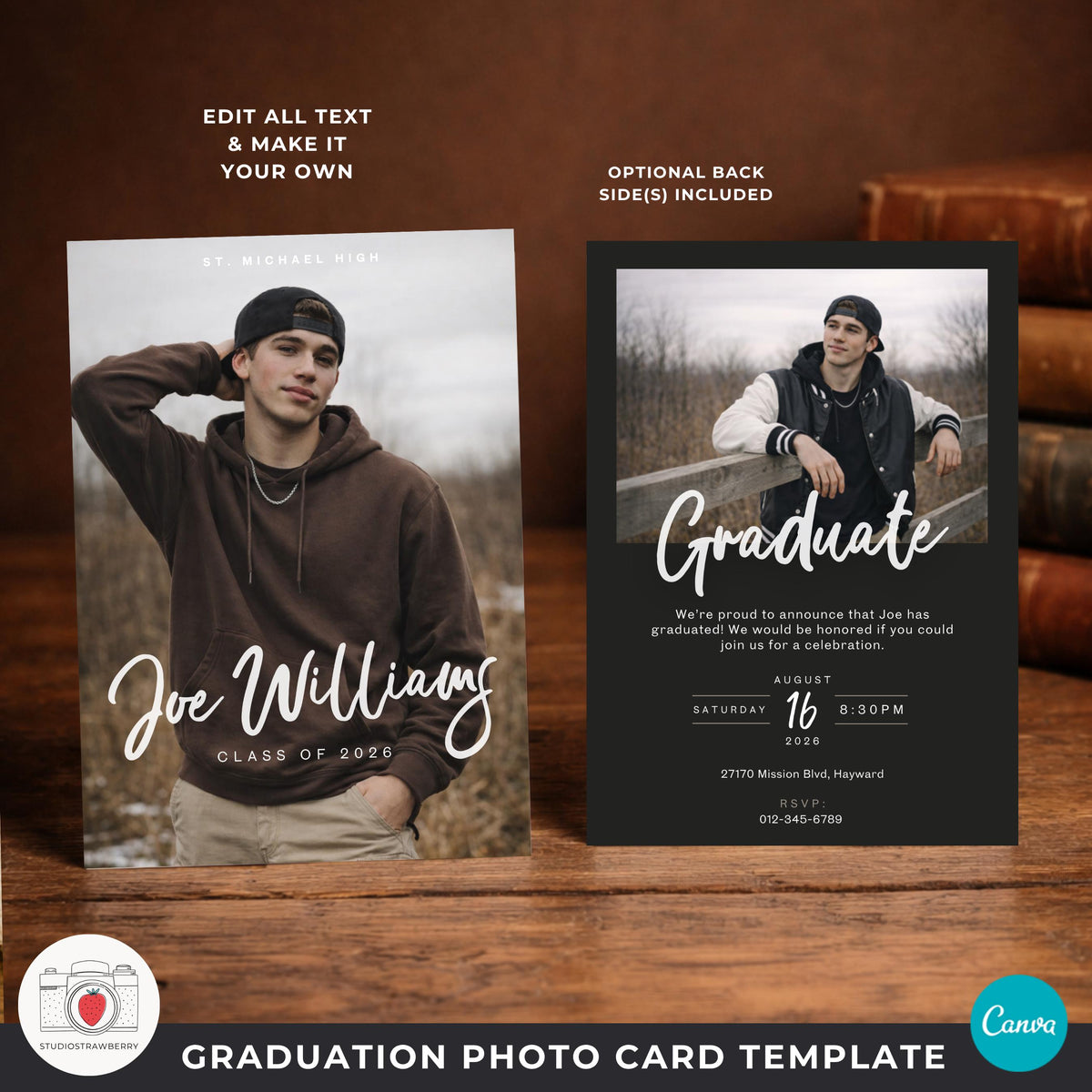 graduation card back options male template with three different layouts included