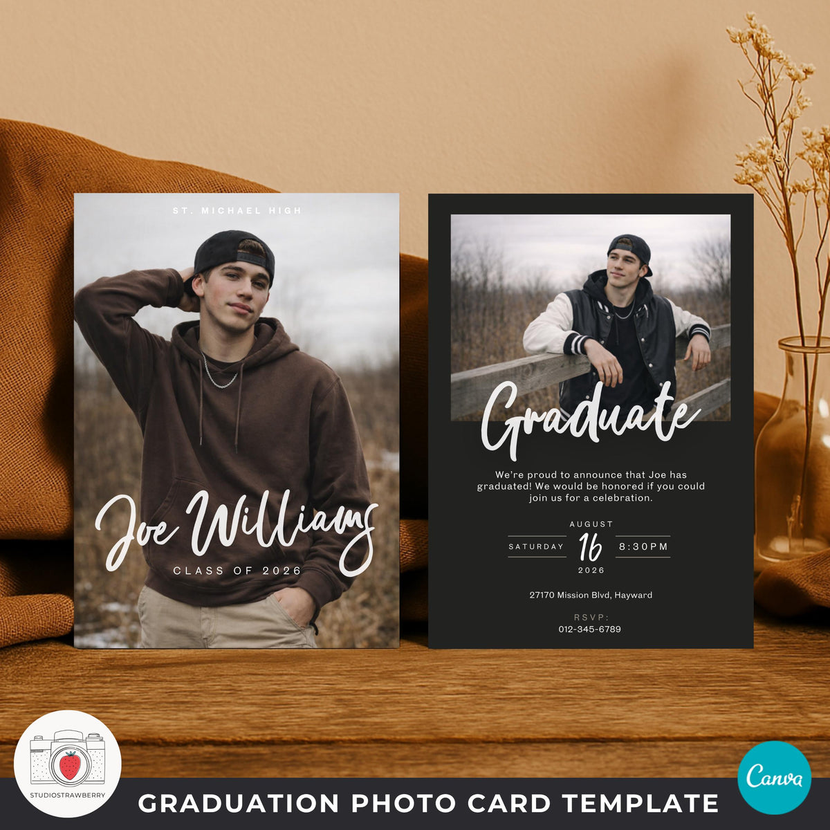 senior photo card template boy for high school graduation announcement