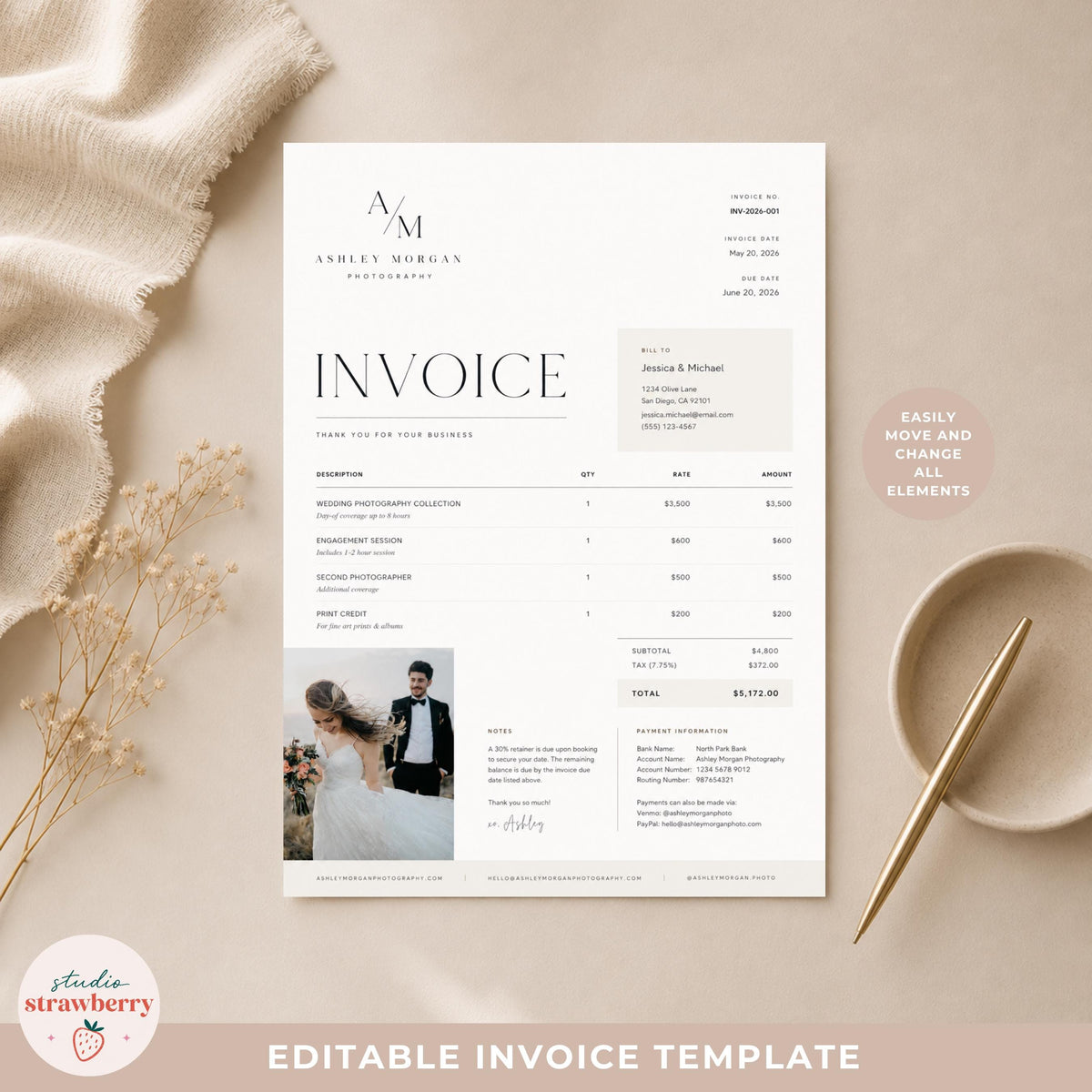 Photography Invoice Template Canva, Photographer Invoice with Photo, Wedding Photography Invoice, Editable Minimal Invoice Form C02