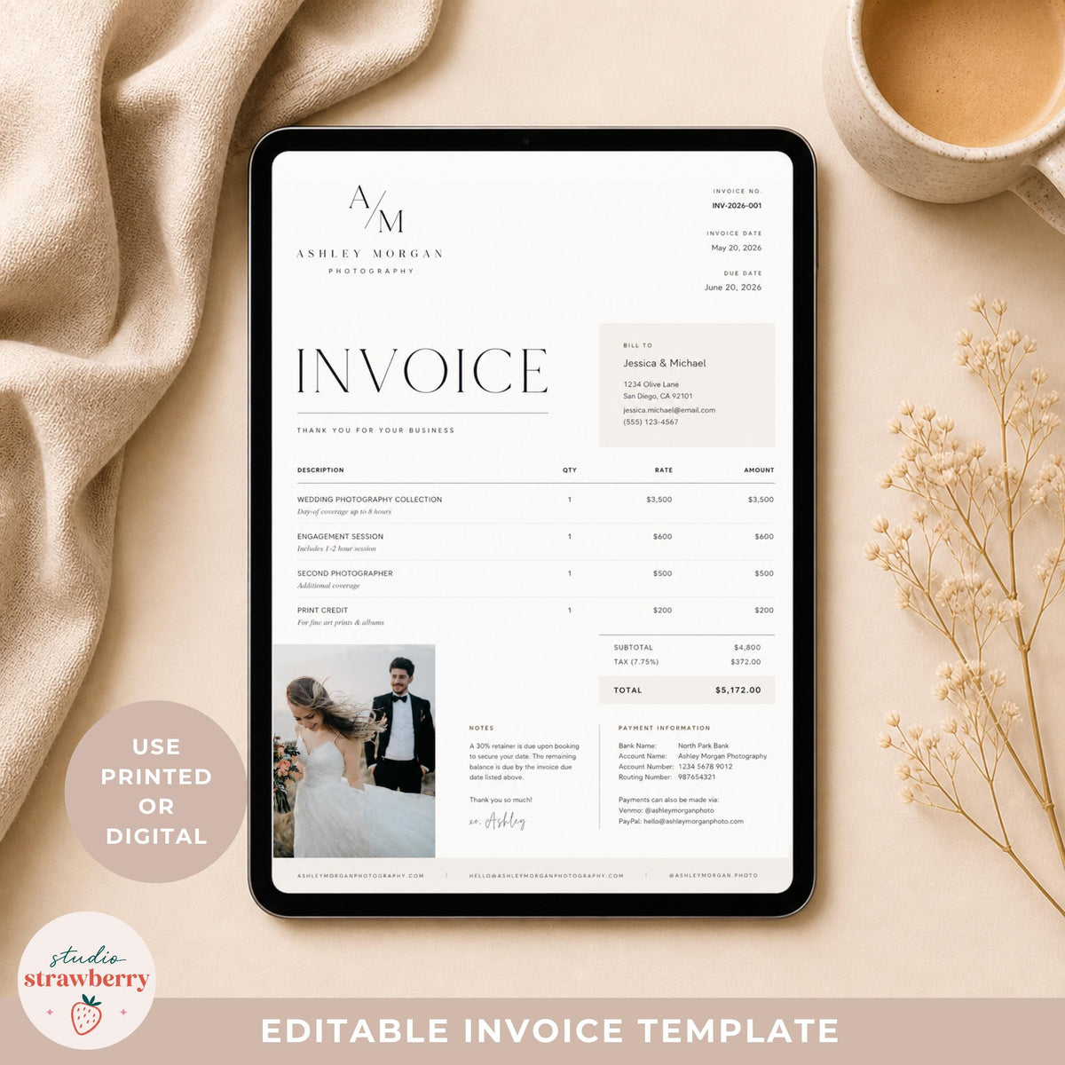 Photography Invoice Template Canva, Photographer Invoice with Photo, Wedding Photography Invoice, Editable Minimal Invoice Form C02