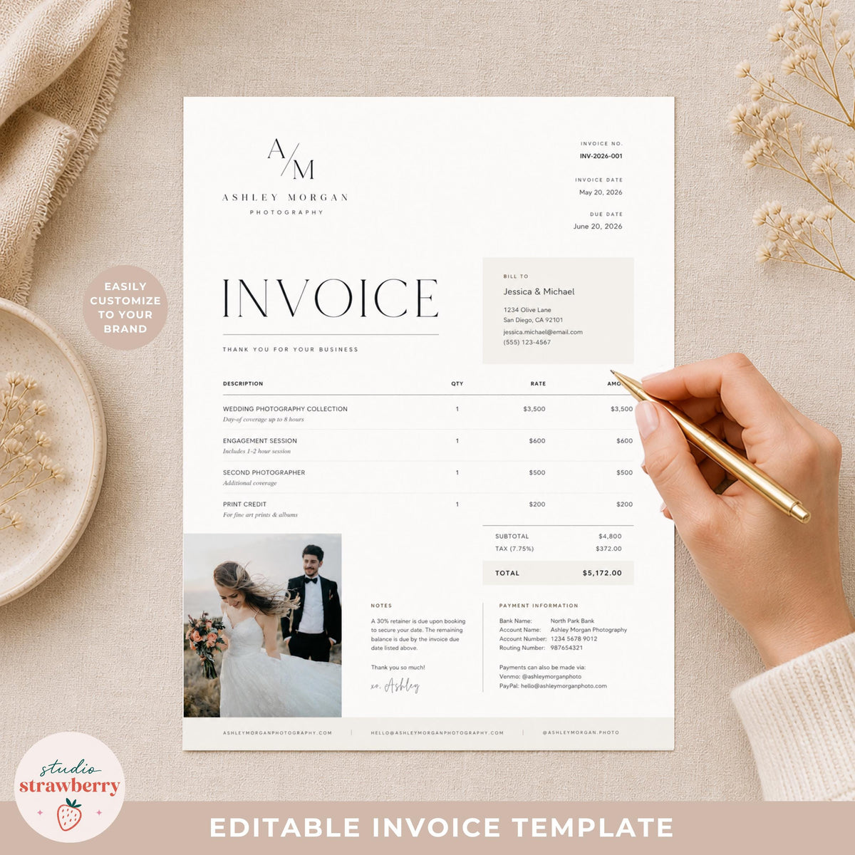 Photography Invoice Template Canva, Photographer Invoice with Photo, Wedding Photography Invoice, Editable Minimal Invoice Form C02