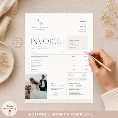 Photography Invoice Template Canva, Photographer Invoice with Photo, Wedding Photography Invoice, Editable Minimal Invoice Form C02