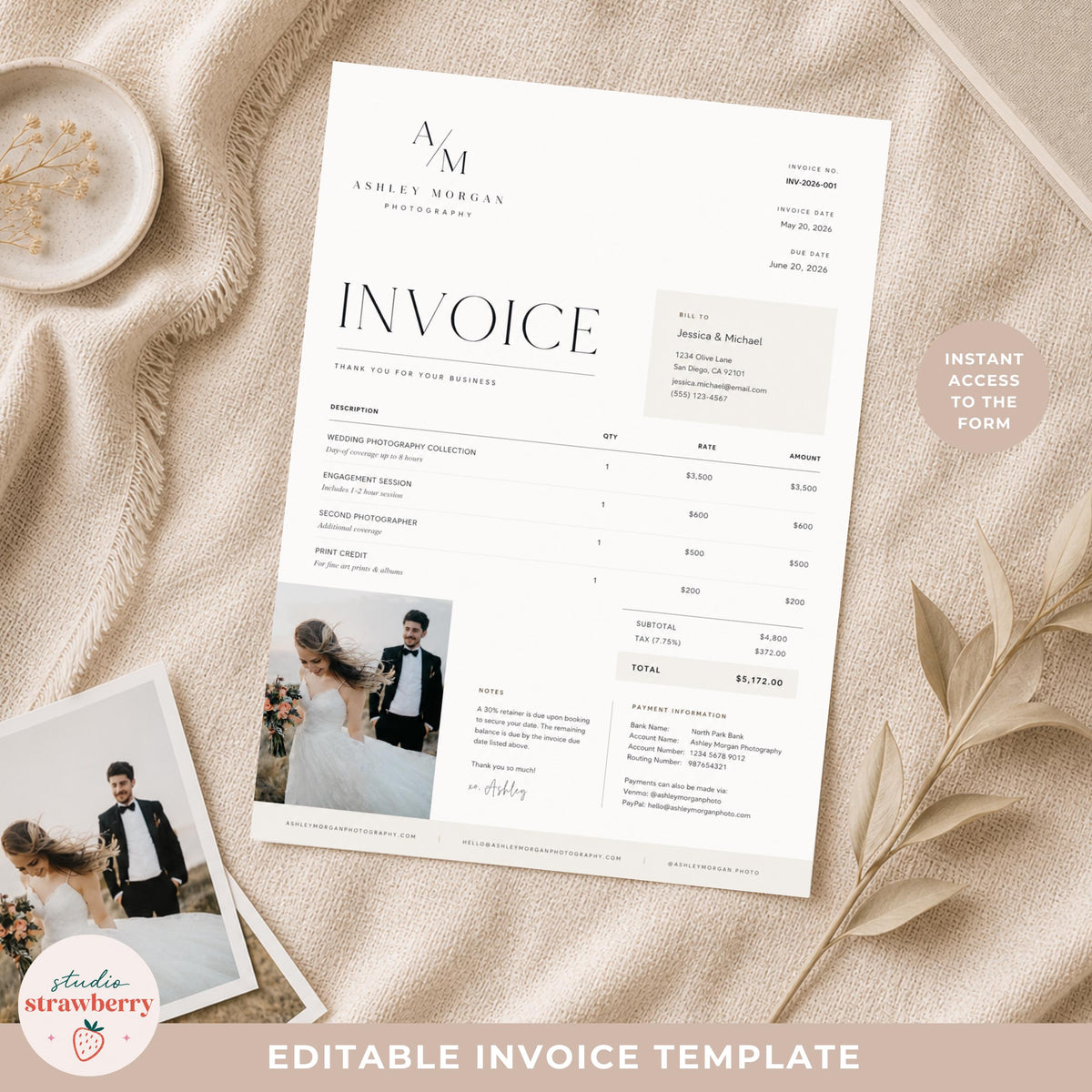 Photography Invoice Template Canva, Photographer Invoice with Photo, Wedding Photography Invoice, Editable Minimal Invoice Form C02