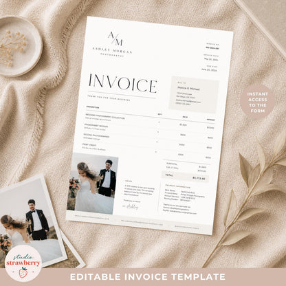 Photography Invoice Template Canva, Photographer Invoice with Photo, Wedding Photography Invoice, Editable Minimal Invoice Form C02