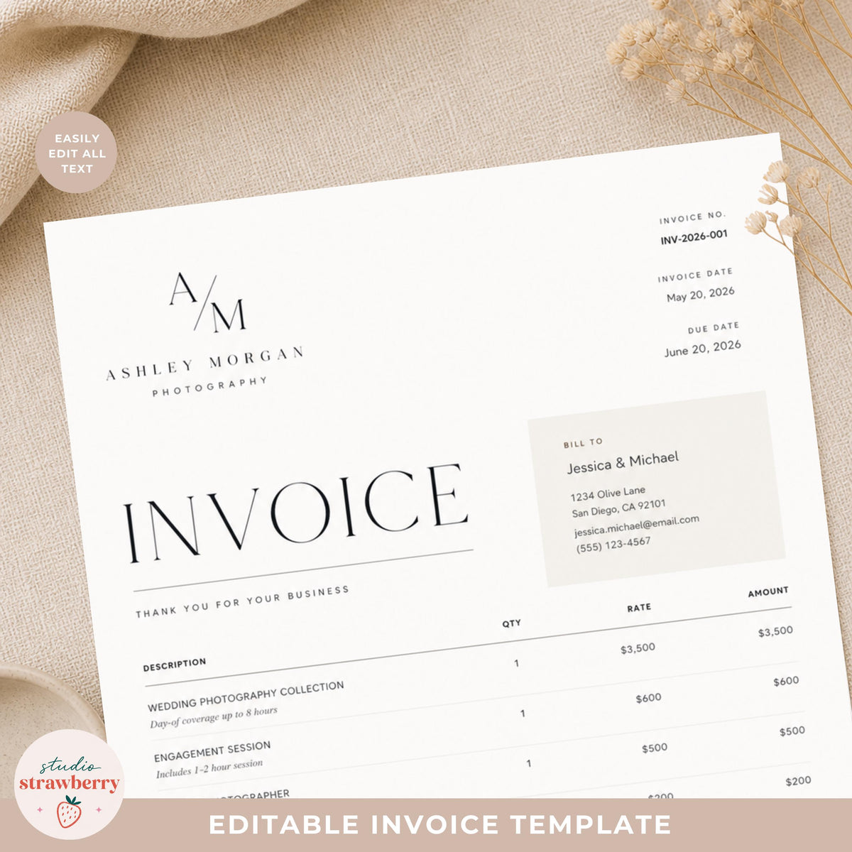 Photography Invoice Template Canva, Photographer Invoice with Photo, Wedding Photography Invoice, Editable Minimal Invoice Form C02