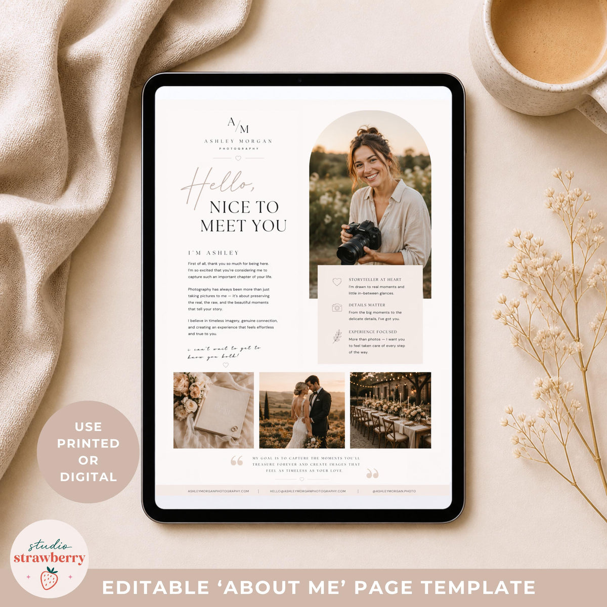 Photographer welcome guide about page Canva template preview