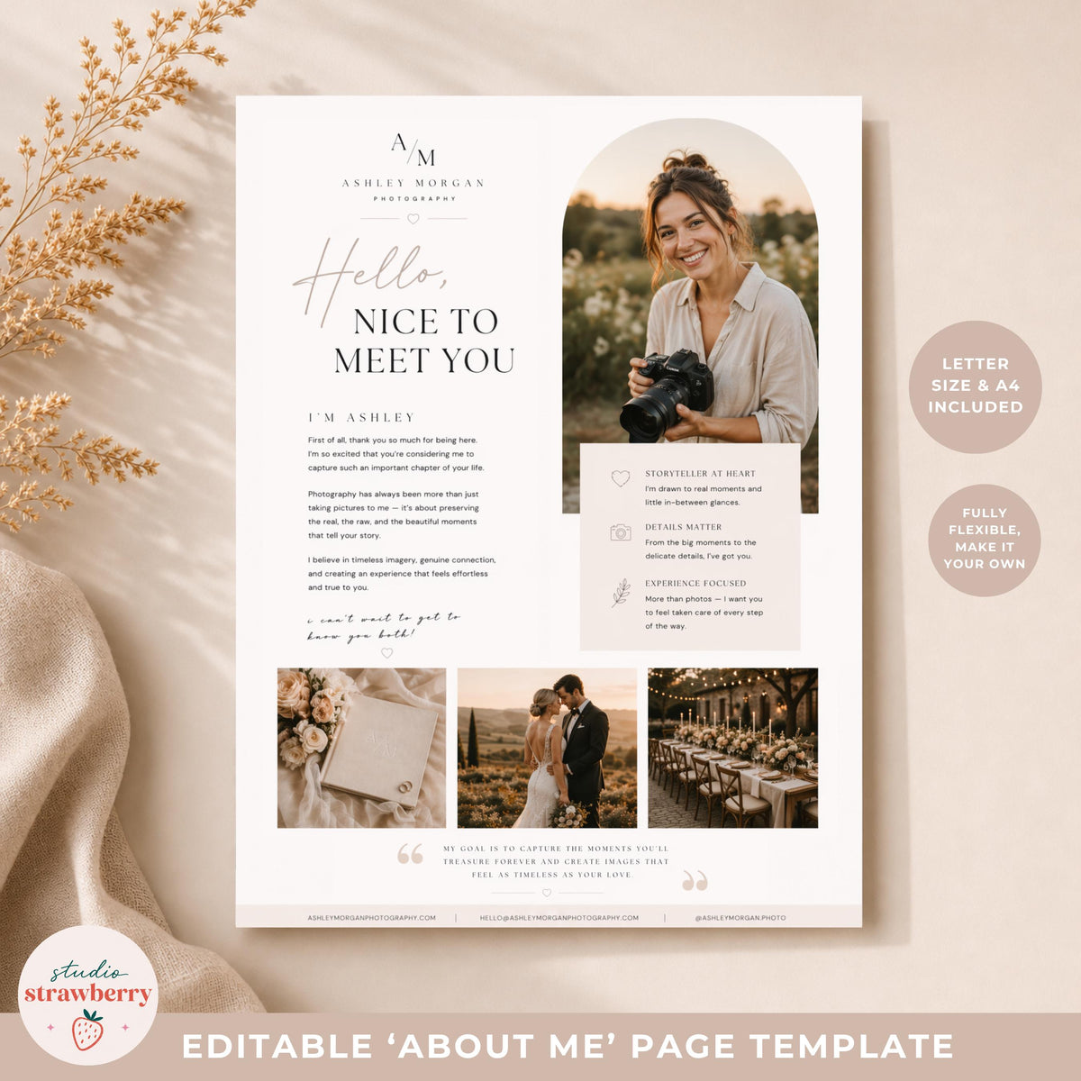 Photography about page template Canva with minimalist neutral design