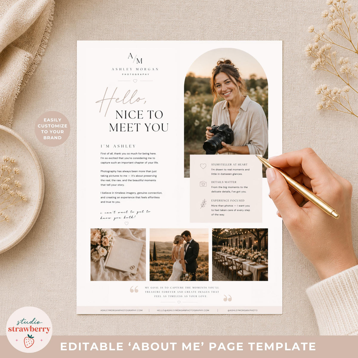 Photographer bio page template Canva for personal branding