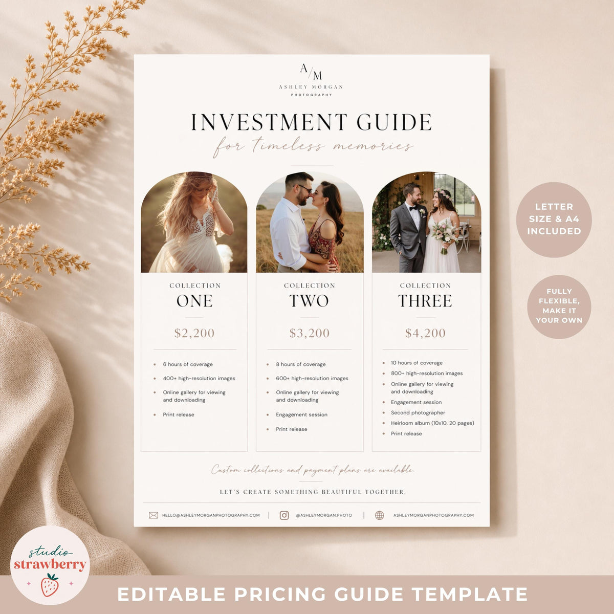 Minimalist photography pricing brochure template for wedding photographers with printable package sections