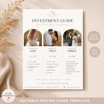Minimalist photography pricing brochure template for wedding photographers with printable package sections