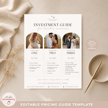 Neutral photographer pricing template with elegant photography investment brochure design for Canva