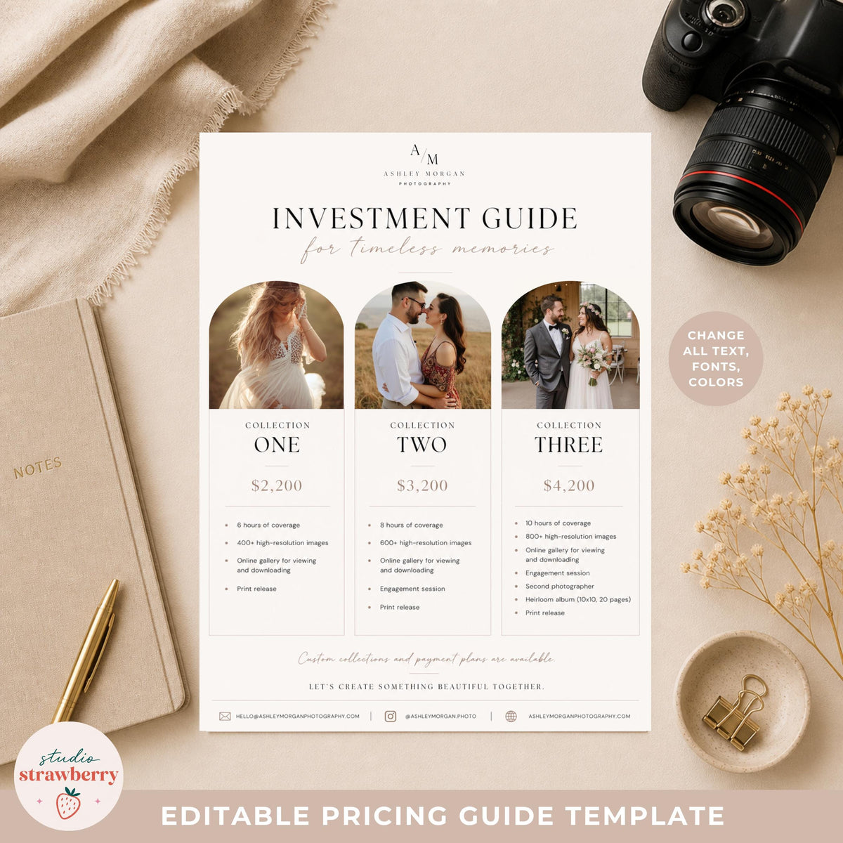 Editable photographer investment guide Canva template with luxury wedding photography pricing design