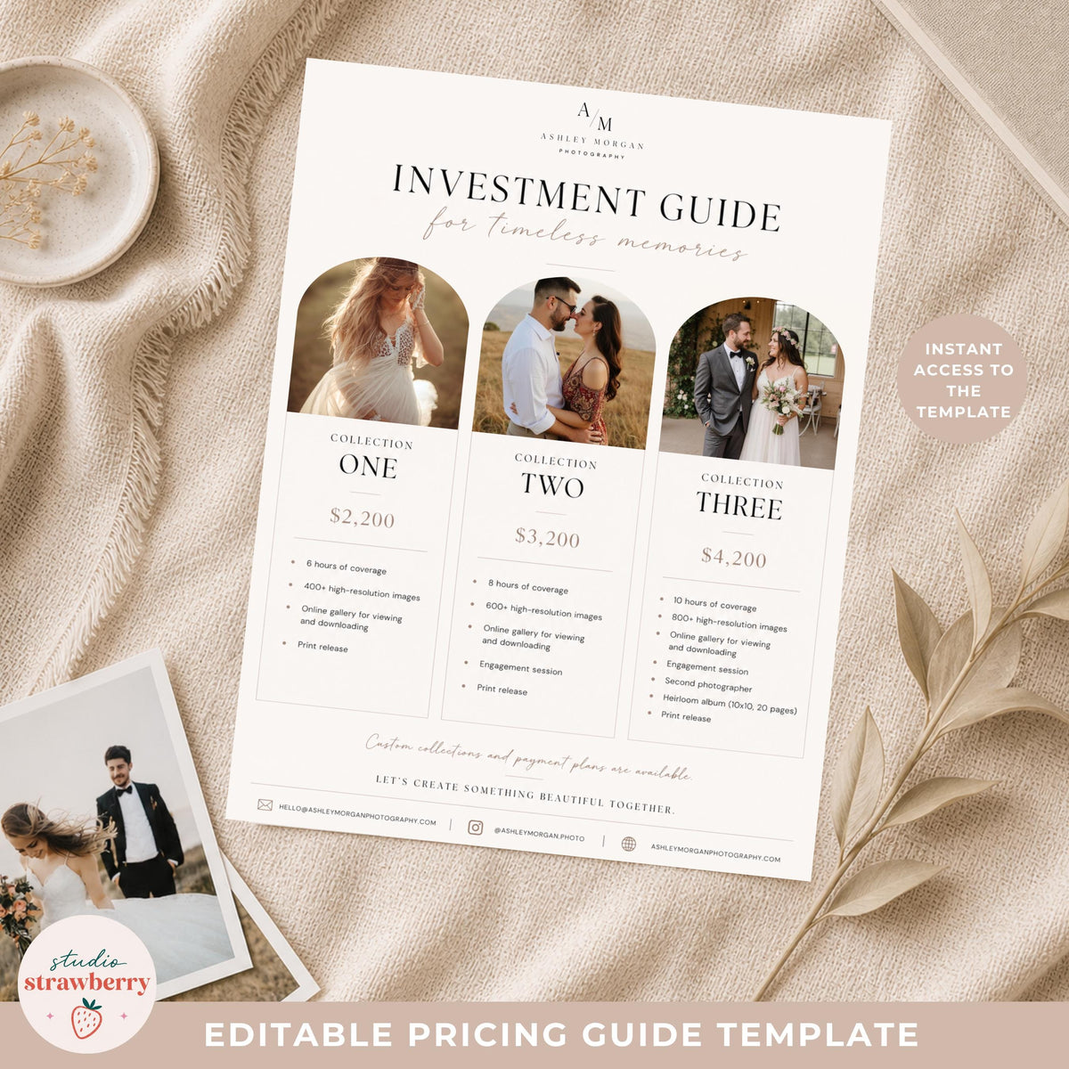 Wedding photographer pricing guide template displayed on neutral fabric background with elegant package layout