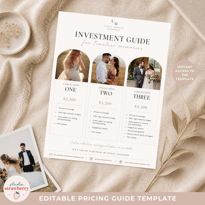 Wedding photographer pricing guide template displayed on neutral fabric background with elegant package layout