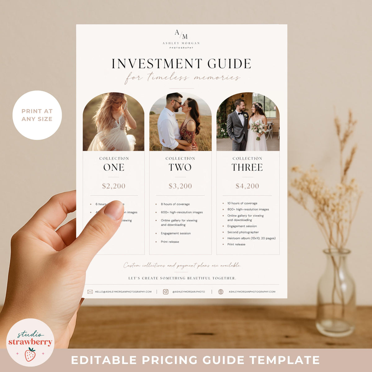 Photography pricing PDF template for photographers with printable client investment guide layout