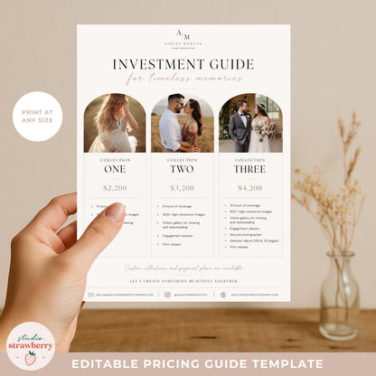 Photography pricing PDF template for photographers with printable client investment guide layout