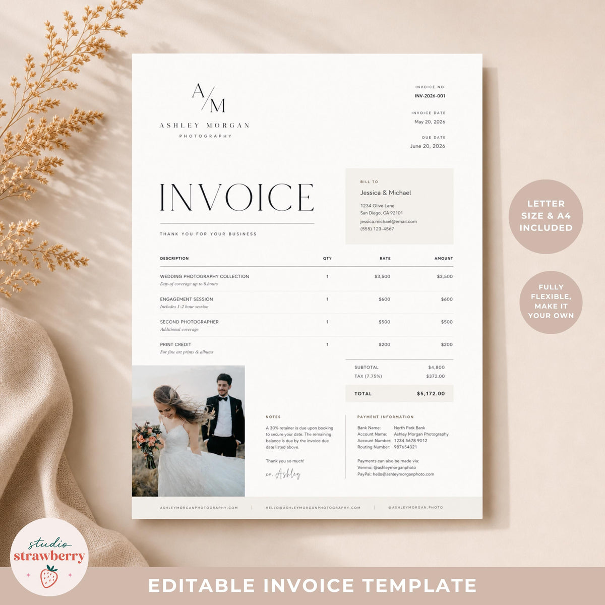 Photography Invoice Template Canva, Photographer Invoice with Photo, Wedding Photography Invoice, Editable Minimal Invoice Form C02