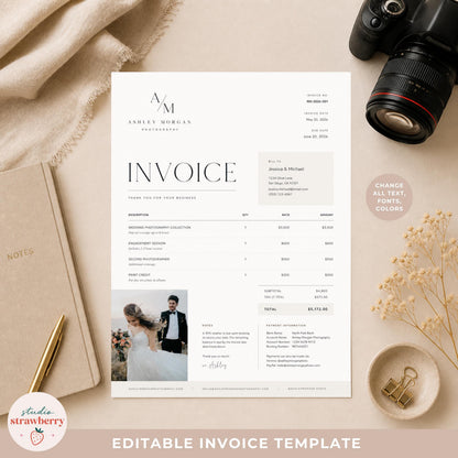 Photography Invoice Template Canva, Photographer Invoice with Photo, Wedding Photography Invoice, Editable Minimal Invoice Form C02