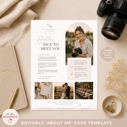 Photographer about me page template Canva layout for photography branding