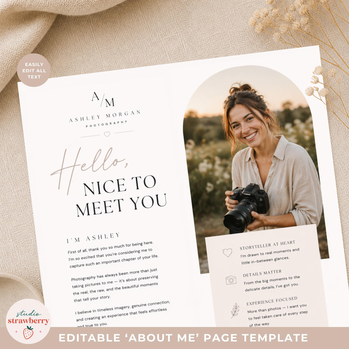 Photographer introduction page template Canva editable layout