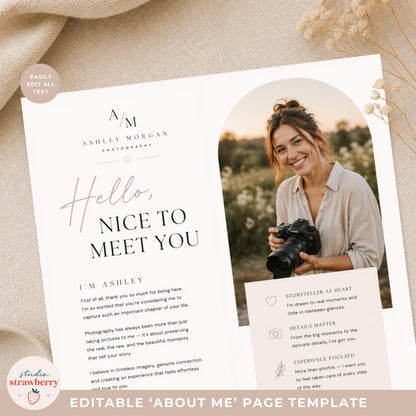 Photographer introduction page template Canva editable layout
