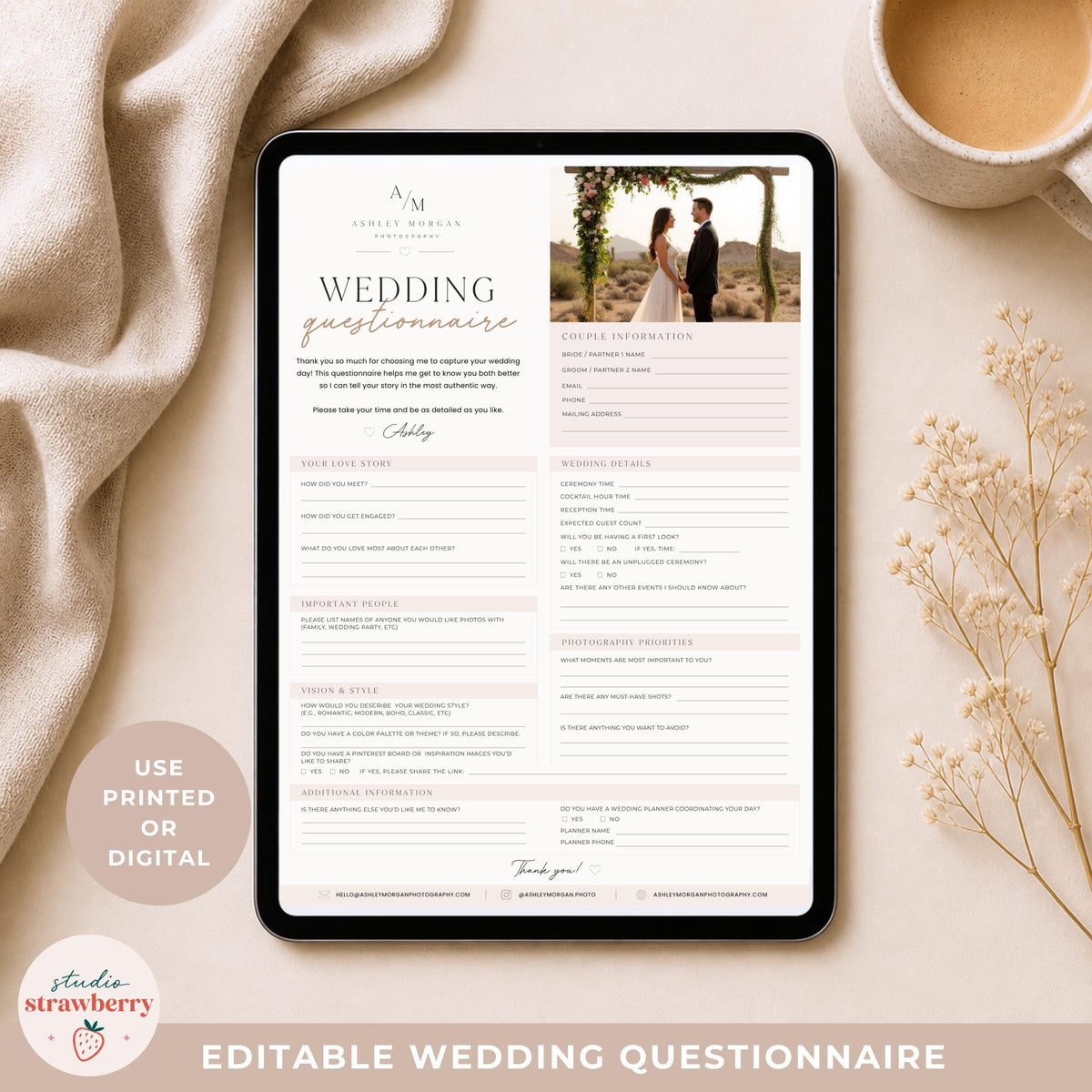 Editable Wedding Questionnaire Template Canva, Wedding Photographer Intake Form, Printable Bridal Client Form C02