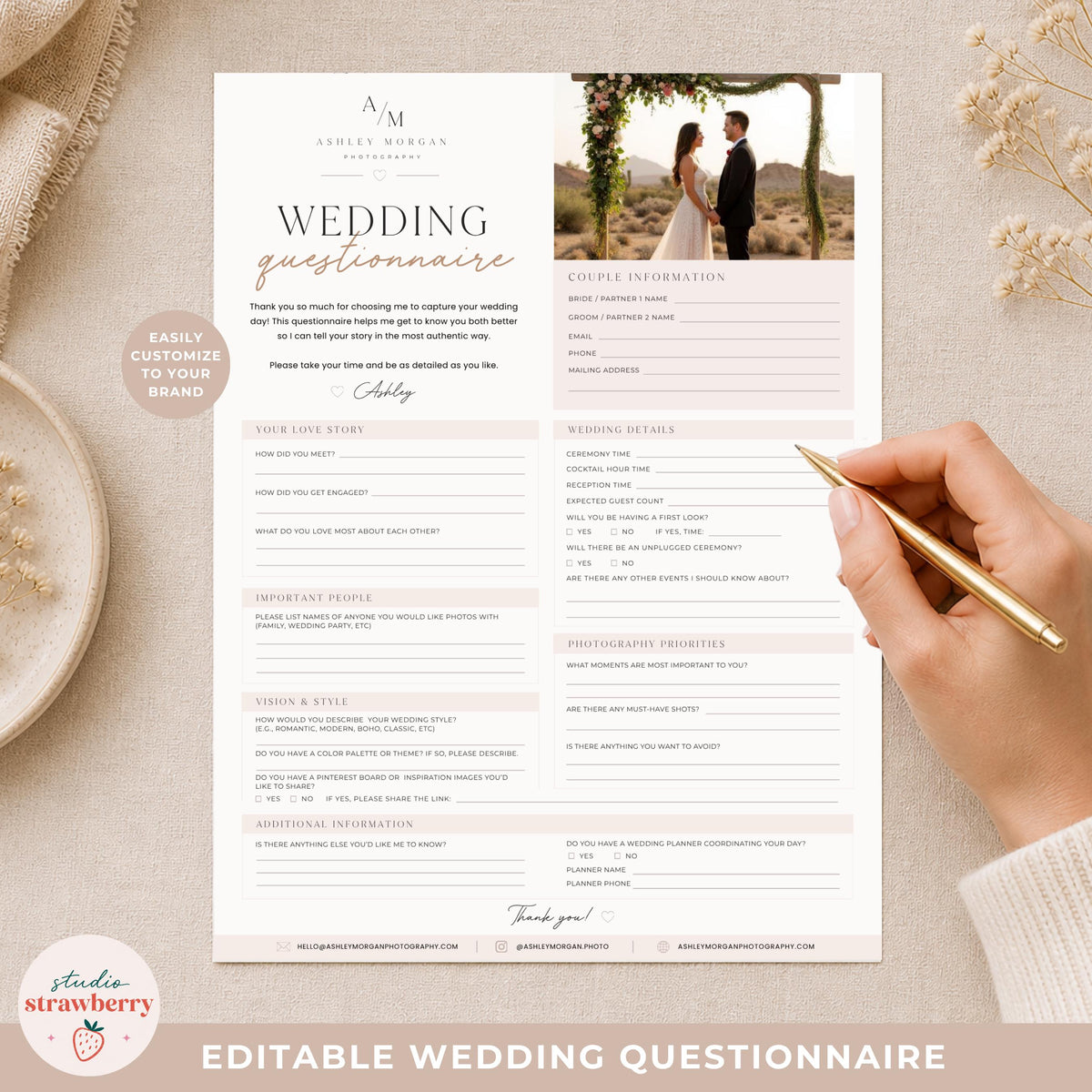 Editable Wedding Questionnaire Template Canva, Wedding Photographer Intake Form, Printable Bridal Client Form C02
