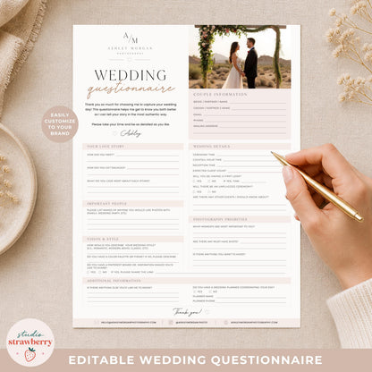 Editable Wedding Questionnaire Template Canva, Wedding Photographer Intake Form, Printable Bridal Client Form C02