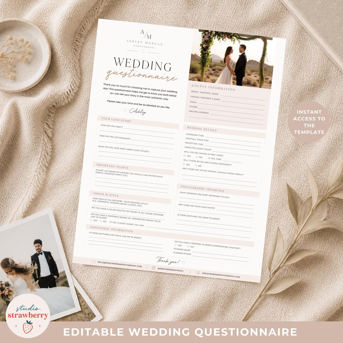 Editable Wedding Questionnaire Template Canva, Wedding Photographer Intake Form, Printable Bridal Client Form C02