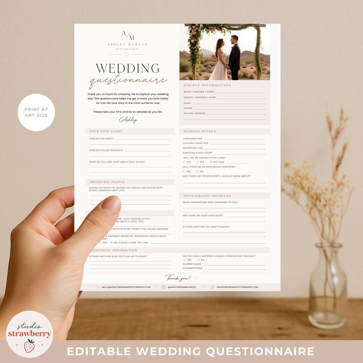 Editable Wedding Questionnaire Template Canva, Wedding Photographer Intake Form, Printable Bridal Client Form C02