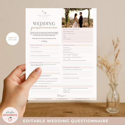 Editable Wedding Questionnaire Template Canva, Wedding Photographer Intake Form, Printable Bridal Client Form C02