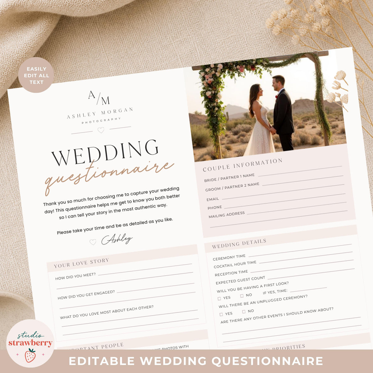 Editable Wedding Questionnaire Template Canva, Wedding Photographer Intake Form, Printable Bridal Client Form C02