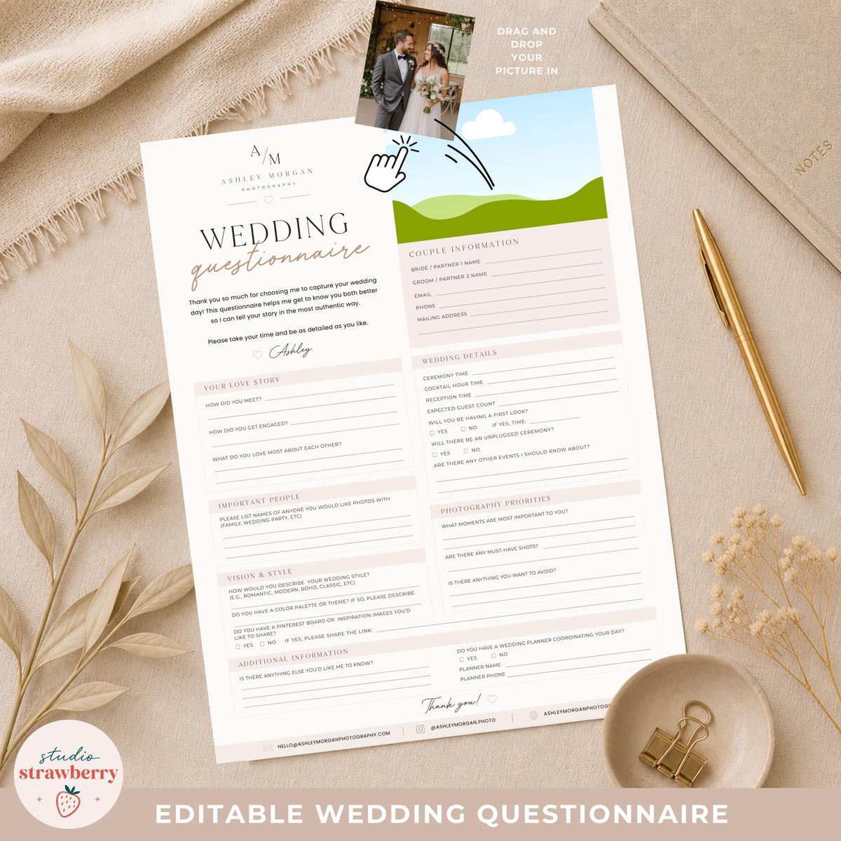 Editable Wedding Questionnaire Template Canva, Wedding Photographer Intake Form, Printable Bridal Client Form C02