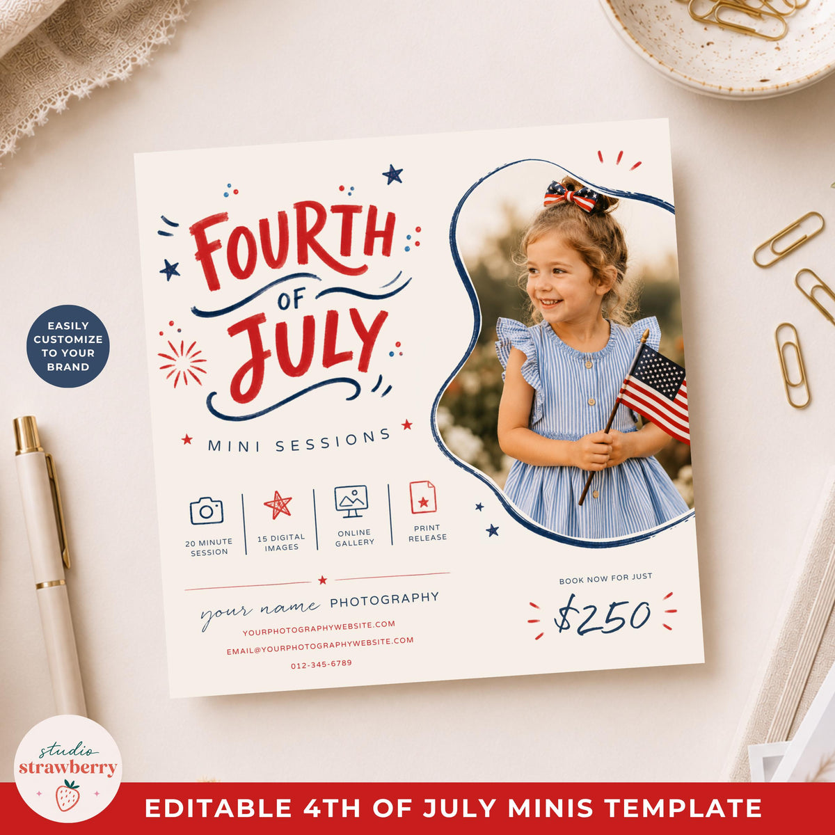 Editable 4th of July mini sessions template for photographers in Canva with patriotic red white and blue design