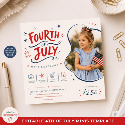 Editable 4th of July mini sessions template for photographers in Canva with patriotic red white and blue design